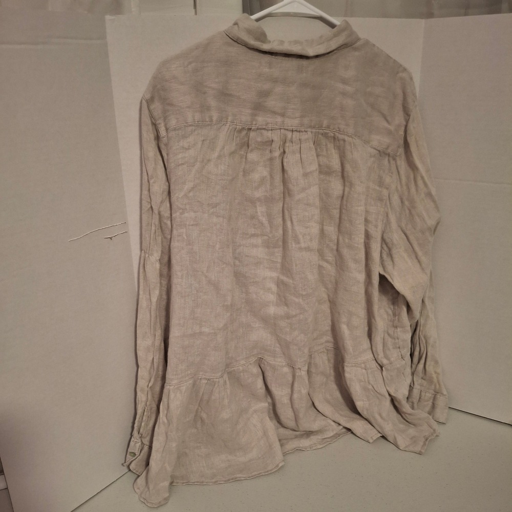 Tahari Womens 3X Beige 100% Linen Peplum Ruffle‎ Hem Button Down Shirt Top - Picture 2 of 5